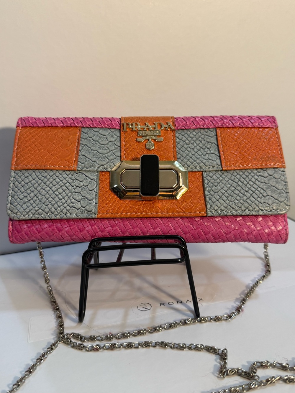 Prada Pink, Orange & Gray Woven Leather Chain Clutch